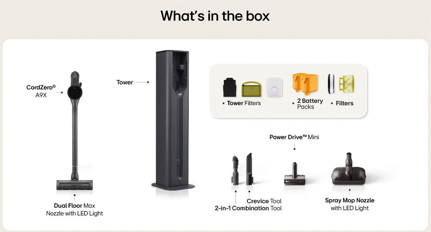 LG CordZero® All-in-One Tower A9X Max with LED Spray Mop + Dual Floor Max Nozzle A9X-MAX / A9XMAX