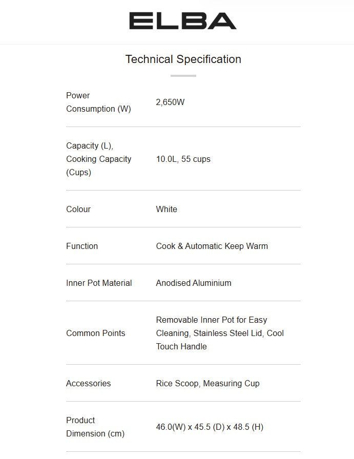Elba 10L Rice Cooker ECRC-M1026(WH) / ECRCM1026