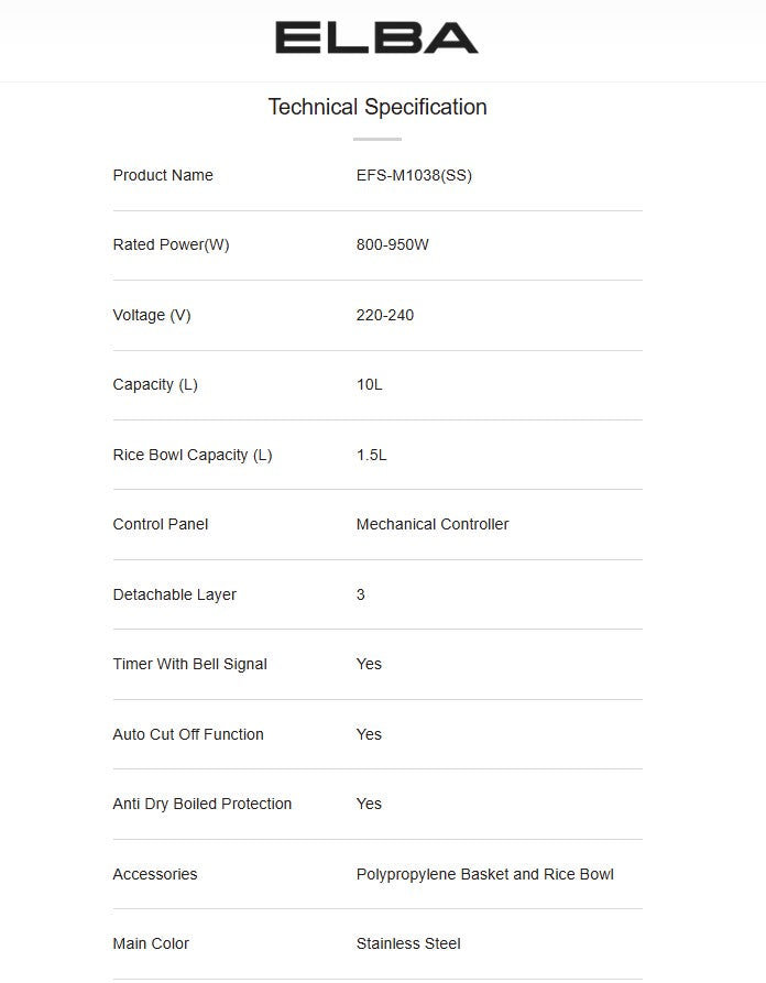 Elba 10L Food Steamer EFS-M1038(SS) with removable steam tray EFSM1038SS