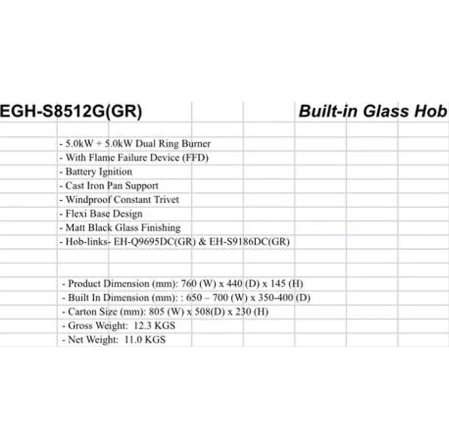 (COMBO) Elba Designer Cooker Hood EH-S9186DC(GR)Turbo boost EHS9186DC(GR) + 5.0KW Built in Glass Hob EGH-S8512G(GR)