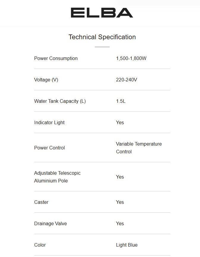 ELBA 1.5L Garment Steamer Iron 1800W EGSI-G1842(LB) / EGSIG1842LB Light Blue