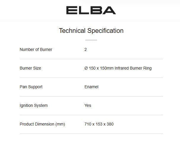 Elba 2 Burner Gas Stove EGS-K7162IR(SS) / EGSK7162IRSS Automatic Piezo Ignition