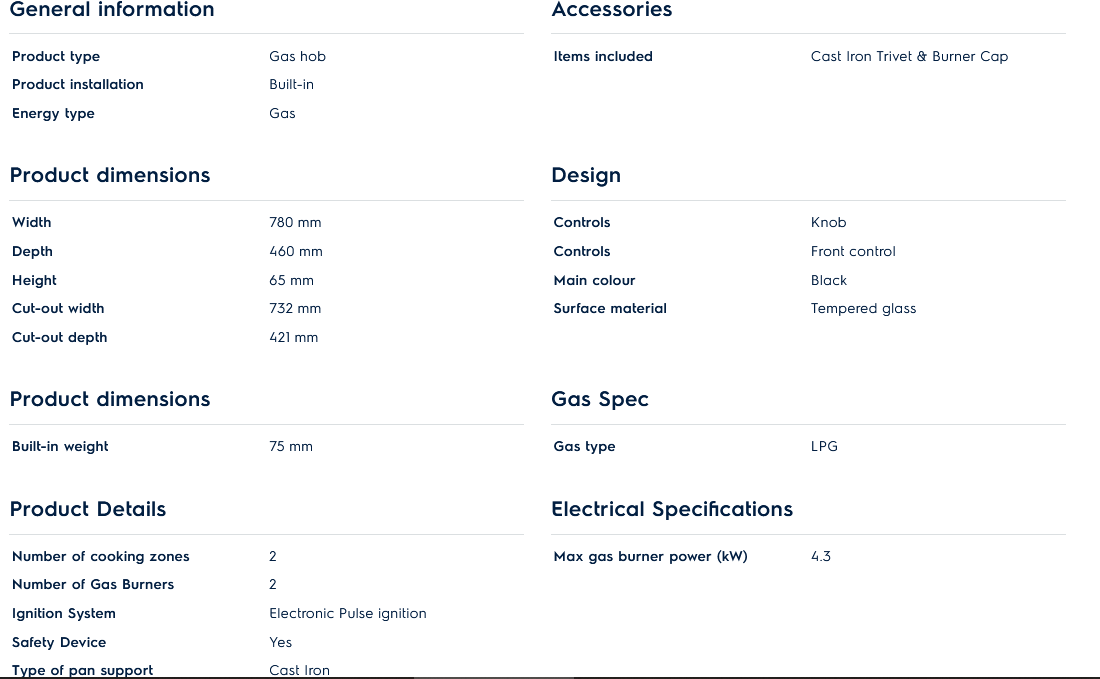 Electrolux EGT7627CK 78cm Built-in 2-Burner Gas Hob