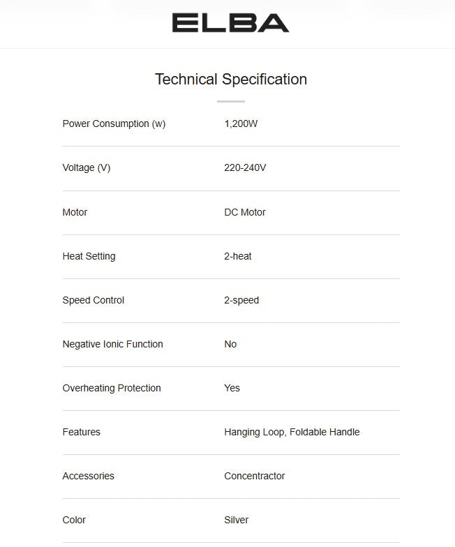 Elba Hair Dryer EHD-G1226TR(SV) / EHDG1226TRSV