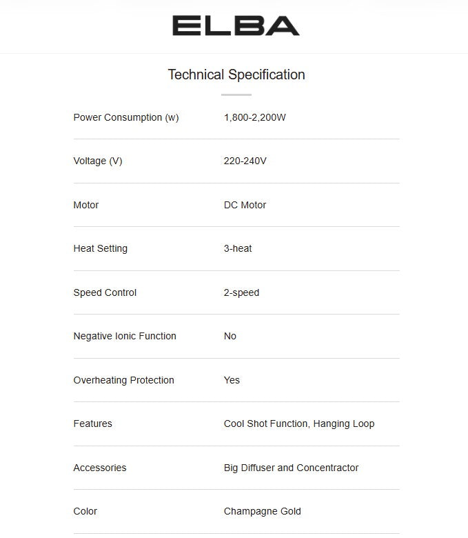 Elba Hair Dryer EHD-J2238(CG) 1800w-2200w ( 3 heat , 2 speed ) EHDJ2238CG