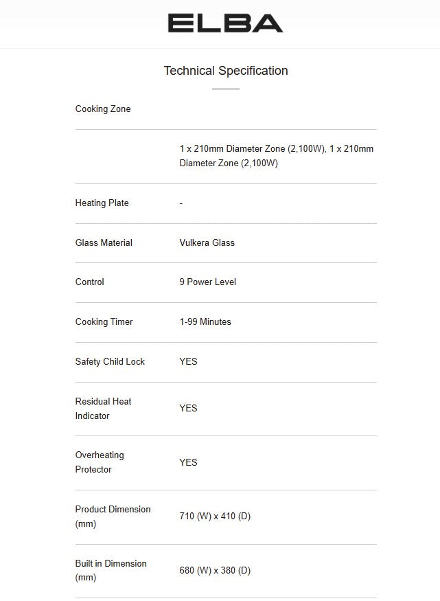 ELBA 2 burner Built-in Induction Cooker EIC-Q7092ST(BK) / EICQ7092STBK
