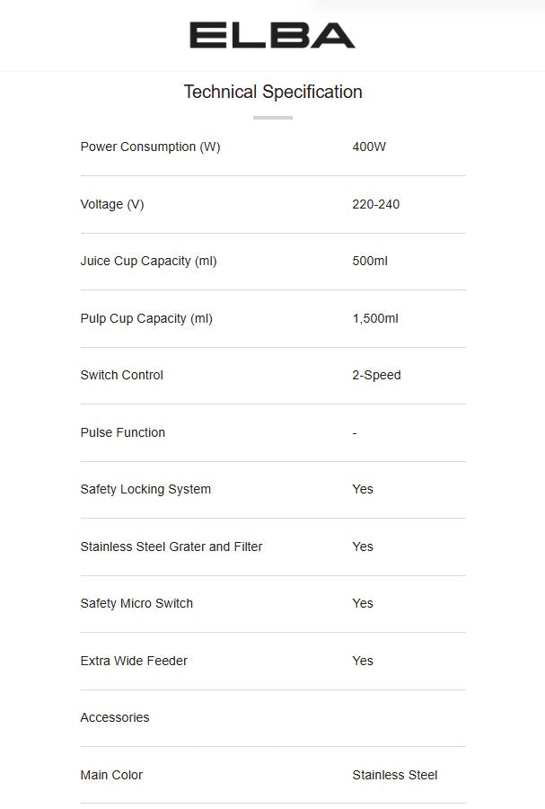 Elba 500ml Juice Extractor EJE-M0544(SS) / EJEM0544SS (400W)