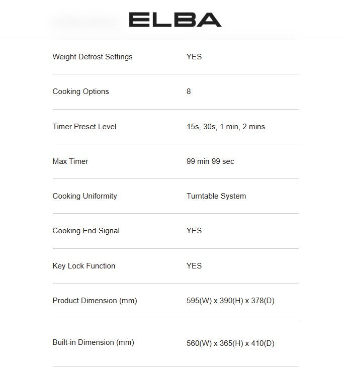 Elba 28L EMO-Q2881BI(BK) Built-in Microwave Oven EMOQ2881BIBK