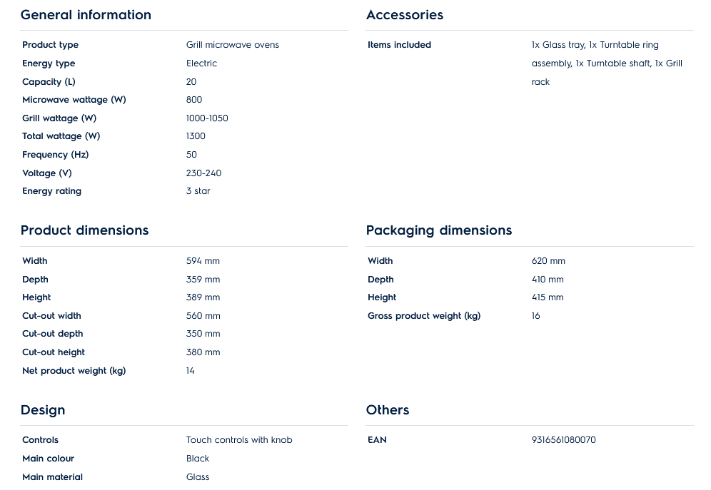 Electrolux EMSB20XG 60cm UltimateTaste 500 Built-in Grill Microwave Oven with 20L Capacity