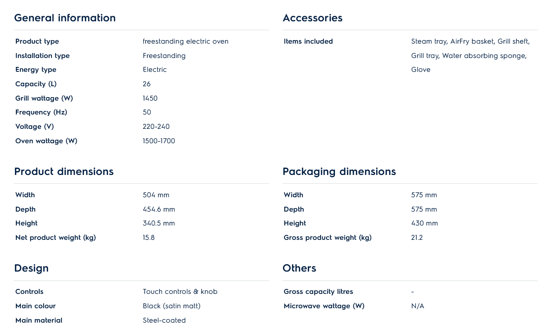 Electrolux EOS26T24BM 50cm UltimateTaste 900 freestanding electric oven with 26L capacity