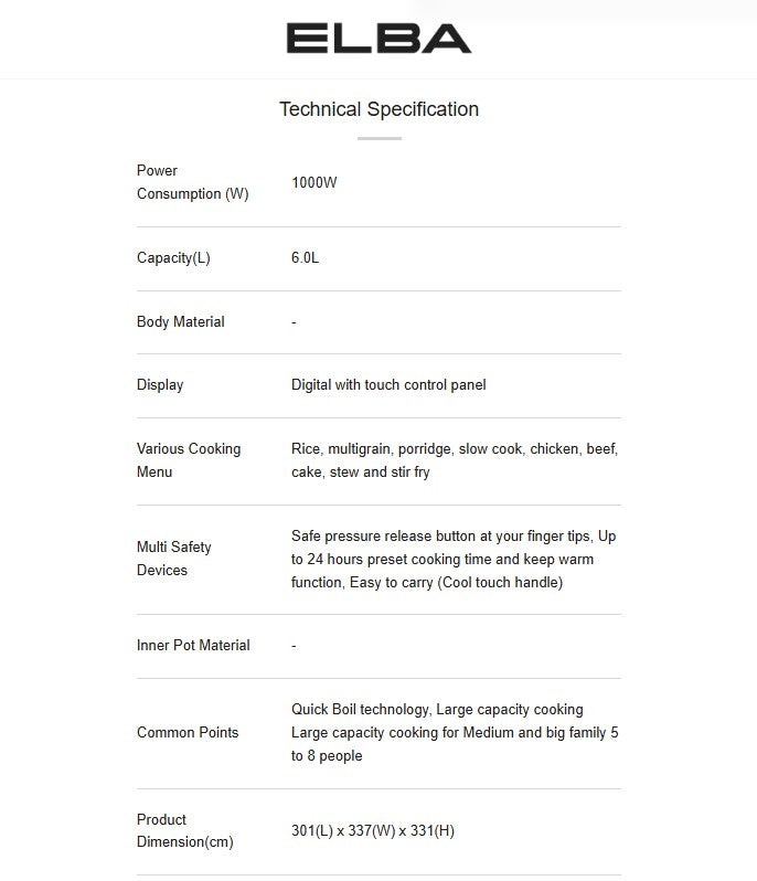 Elba 6L Pressure Cooker 1000W EPC-N6082(BR) / EPCN6082BR