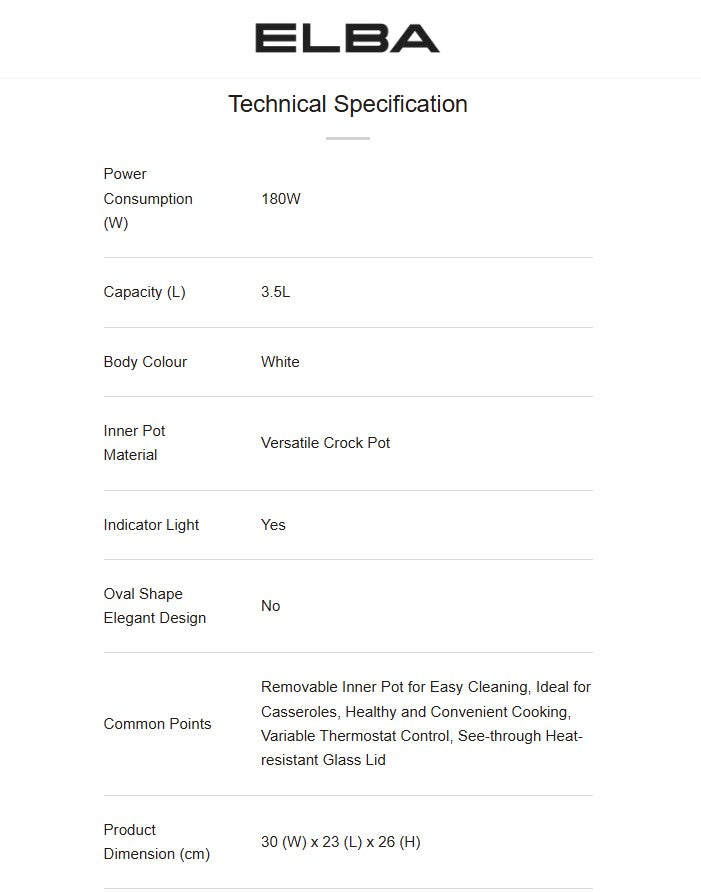 ELBA 3.5L Slow Cooker ESC-K3569(WH) / ESCK3569WH