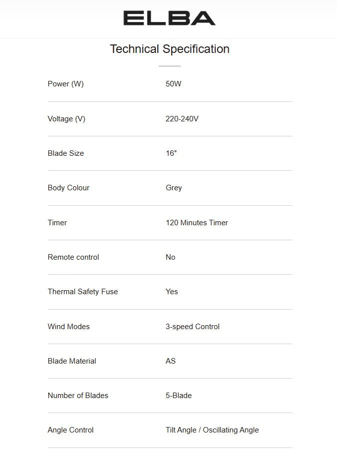 Elba 16" Stand Fan ESF-E1639TM(GR) Grey / ESFE1639TMGR