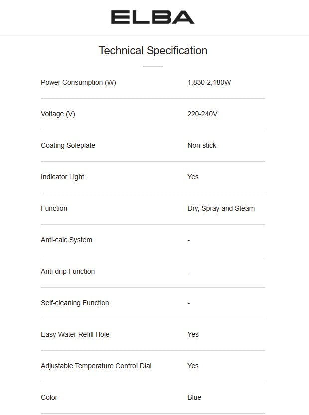 Elba ESIN1852 Steam Iron (1830W - 2180W) ESI-N1852(BL) Blue / ESIN1852BL