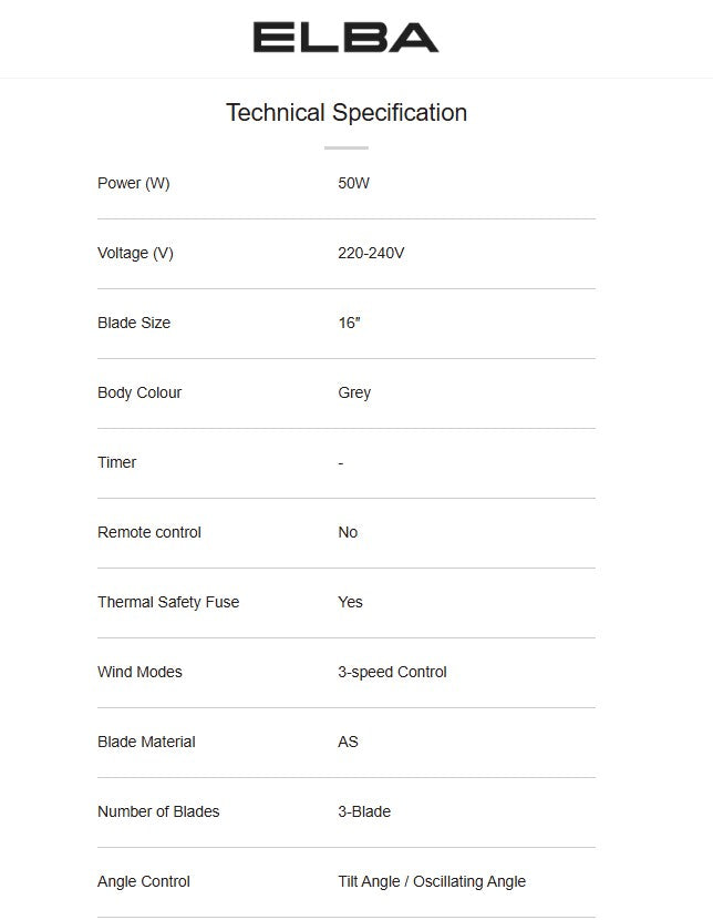 Elba 16" Table Fan ETF-G1620(GR) / ETFG1620GR 3 Speed