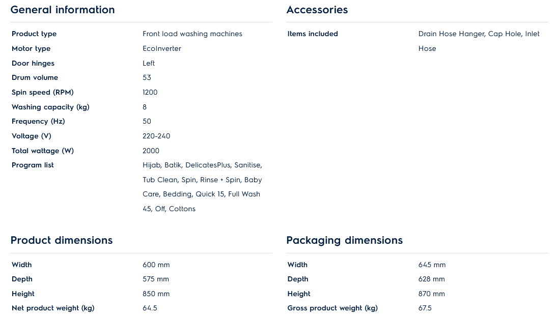 Electrolux EWF8024D3WC 8kg Washer UltimateCare 300 Front Load Washing Machine