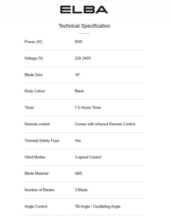 Elba 16'' Remote Control Wall Fan EWMF-E1646RC(BK) / EWMFE1646RCBK