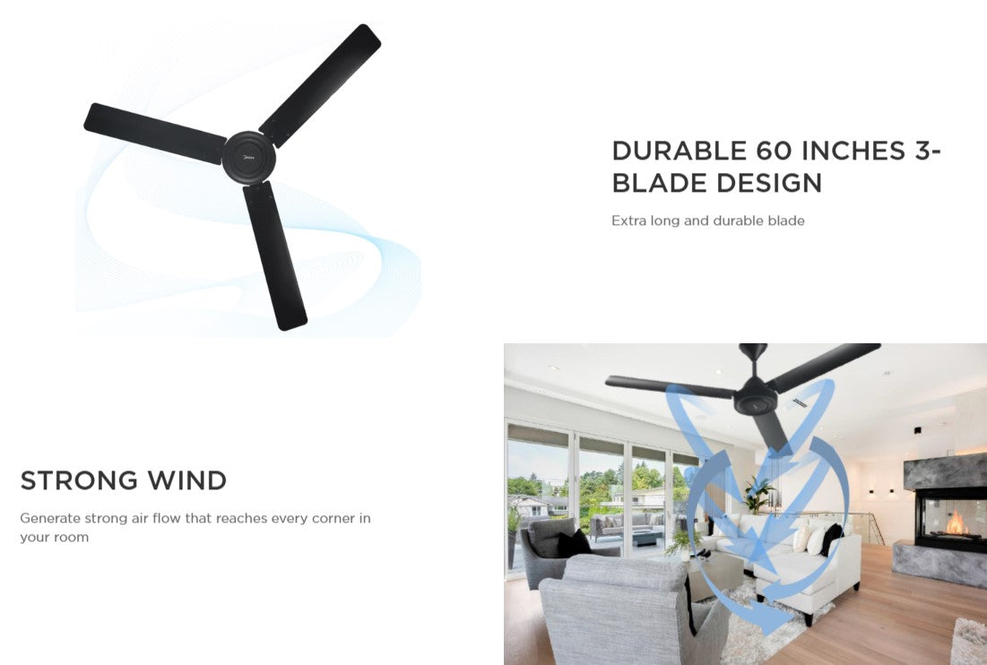 Midea 60" 3 Blades Ceiling Fan MFC-60A23-WT / MFC60A23WT (White)