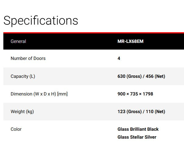 Mitsubishi 630L 4 Doors Fridge MR-LX68EM LX Series Multi Drawer Refrigerator MRLX68EM Glass Black