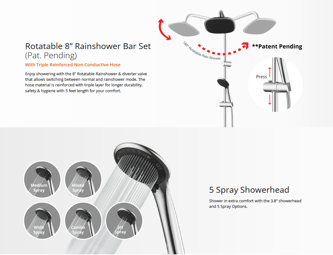 Joven Water Heater SL30E-RS/SL30ERSBK Black Water Heater With Rain Shower (Without Pump)