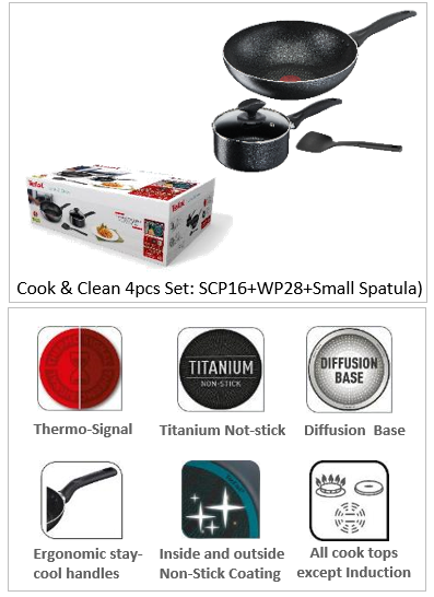 TEFAL B225S4 COOK & CLEAN non induction 4 PC SET : WOKPAN 28 CM SAUCEPAN 16 CM+LID SPATULA