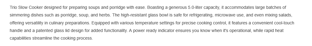 Trio 5L Slow Cooker for Soup and Porridge TSC-500/TSC500