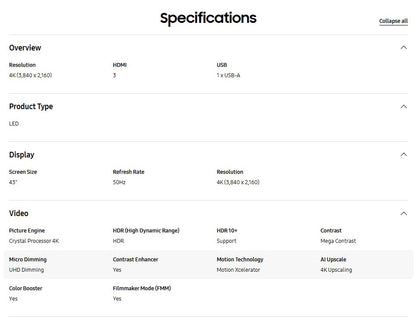 SAMSUNG 43" UA43U8000FKXXM UHD U8000F 4K Smart TV (2025) Television