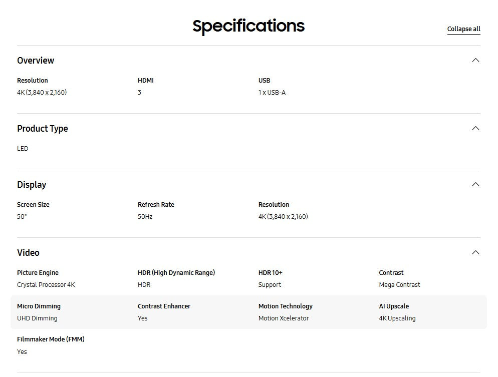 Samsung 50" Crystal UHD DU7000 UA50DU7000KXXM 4K Smart TV Television