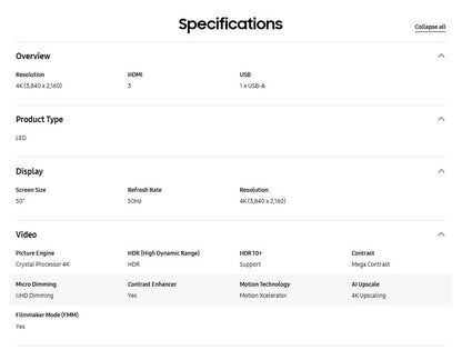 Samsung 50" Crystal UHD DU7000 UA50DU7000KXXM 4K Smart TV Television