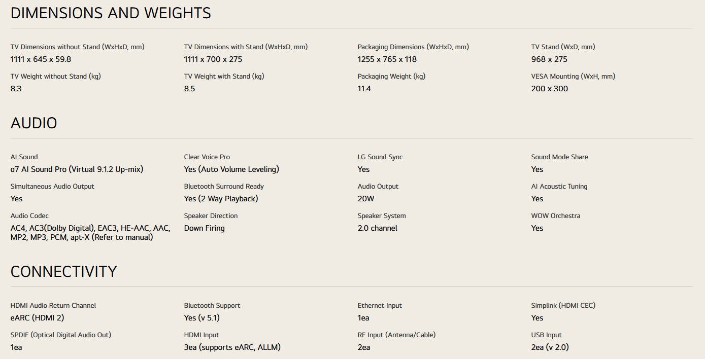 LG 50UA7350PSB 50 Inch LG 4K UHD AI TV UA73 HDR10 (2025)