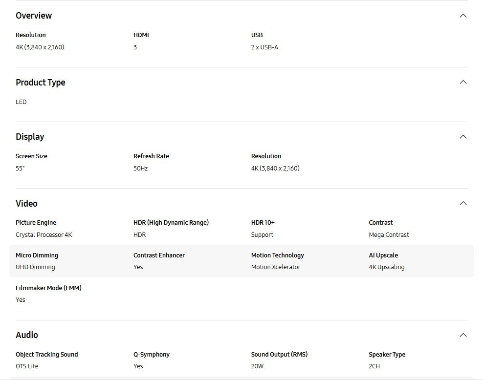 Samsung 55" Crystal UHD 4K DU8000 UA55DU8000KXXM Smart Tv Television