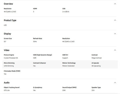 Samsung 55" Crystal UHD 4K DU8000 UA55DU8000KXXM Smart Tv Television