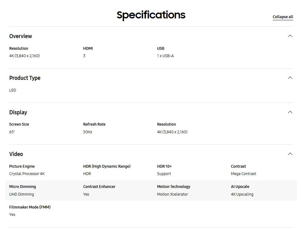 Samsung 65" Crystal UHD DU7000 UA65DU7000KXXM 4K Smart TV Television