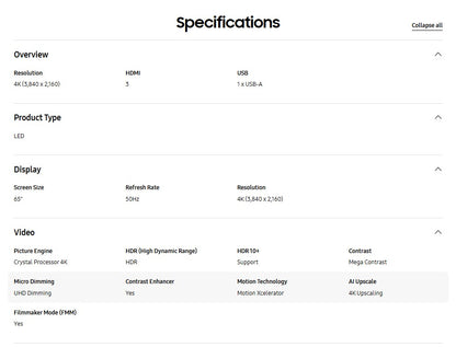 Samsung 65" Crystal UHD DU7000 UA65DU7000KXXM 4K Smart TV Television