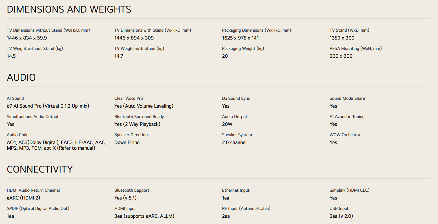 LG 65UA7350PSB 65 Inch LG 4K UHD AI TV UA73 HDR10 (2025)