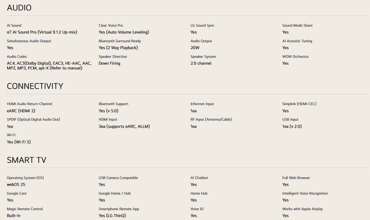 LG 65UA8450PSA 65 Inch LG 4K UHD AI TV UA84 HDR10 (2025)