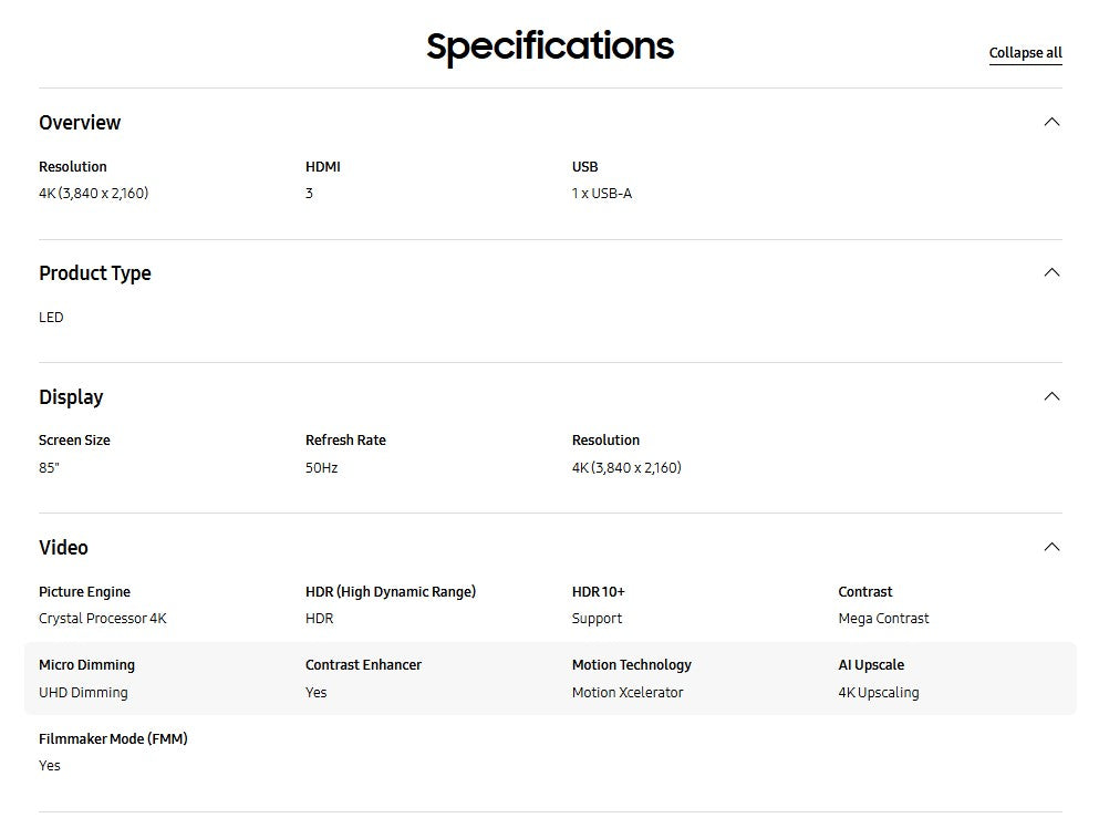 Samsung 85" Crystal UHD DU7000 UA85DU7000KXXM 4K Smart TV Television