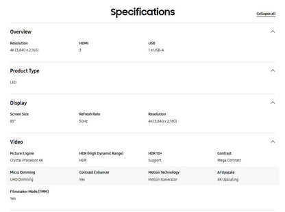 Samsung 85" Crystal UHD DU7000 UA85DU7000KXXM 4K Smart TV Television