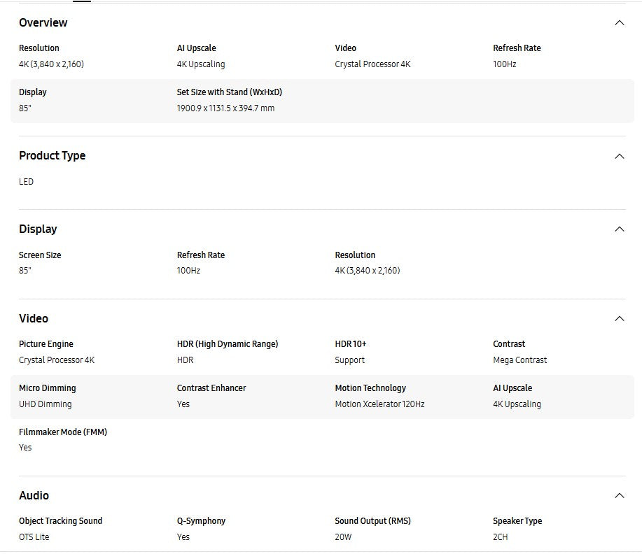 Samsung 85" Crystal UHD 4K DU8000 UA85DU8000KXXM Smart Tv Television