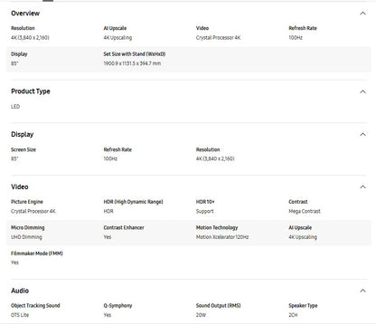 Samsung 85" Crystal UHD 4K DU8000 UA85DU8000KXXM Smart Tv Television