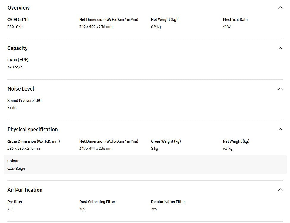 Samsung Smart Air Purifier 40m² AX32BG3100GBME with SmartThings (Clay Beige)