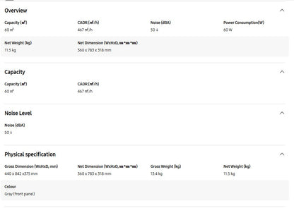 Samsung Smart Air Purifier 60m² AX46BG5000GSME HEPA Purification 3-Way Airflow (Grey)