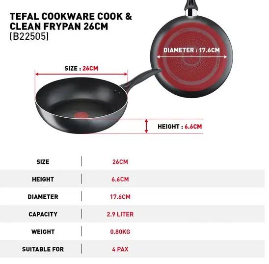 Tefal B22505/B2250595 Cook & Clean Frypan 26cm
