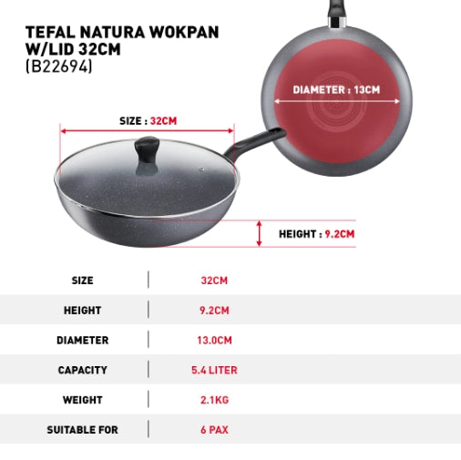 Tefal B22694/B2269495 Natura Wokpan with lid 32cm