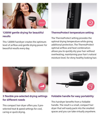 Philips Hair Dryer BHC010 / BHC010/13 (Black) Essential Care Compact