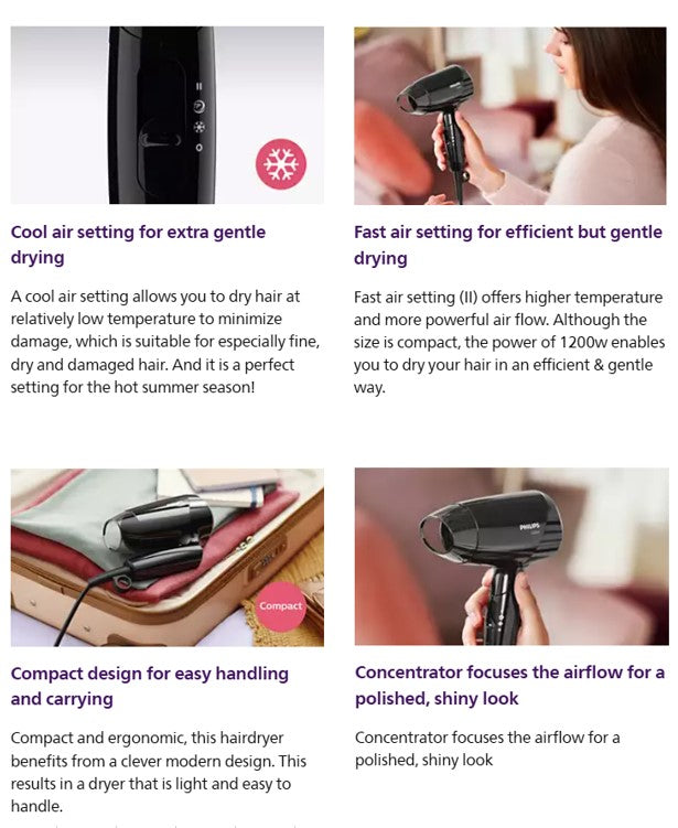 Philips Hair Dryer BHC010 / BHC010/13 (Black) Essential Care Compact