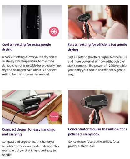 Philips Hair Dryer BHC010 / BHC010/13 (Black) Essential Care Compact