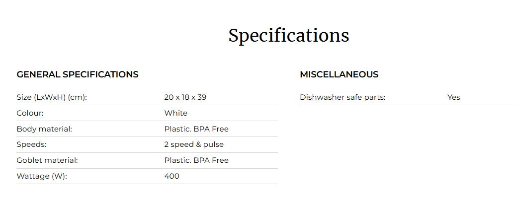 Kenwood 1.5L Blender 400W motor Plastic Goblet Bowl BLP10.A0WH 2 Speed with Pulse Stainless Steel Blades + Dry Mill Grinder BLP10A0WH (White)
