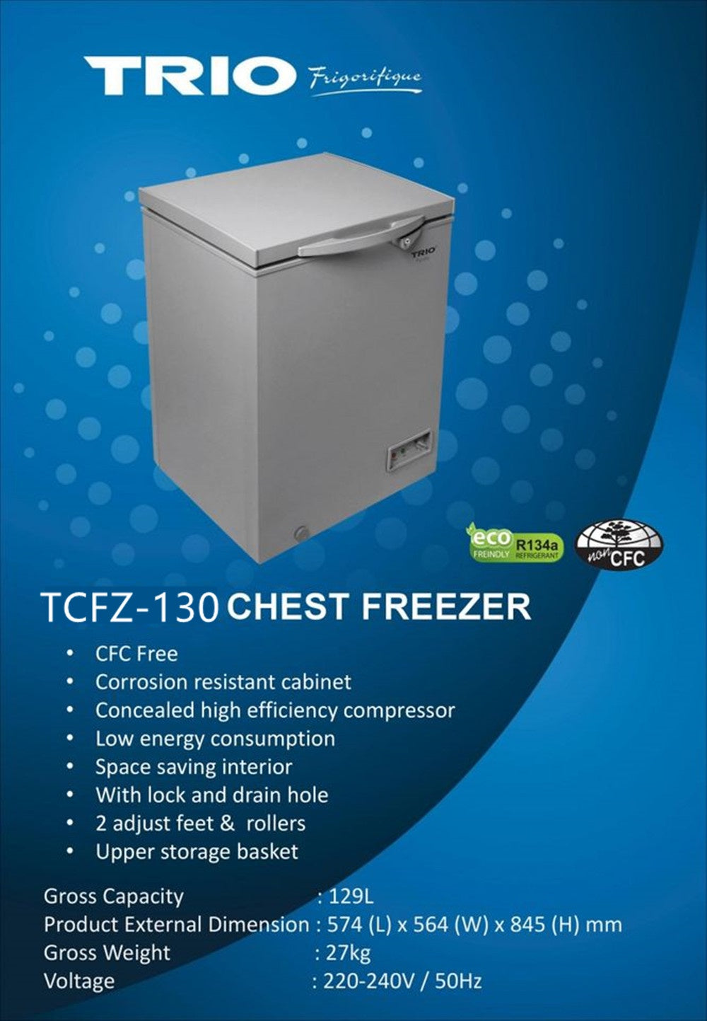 Trio Chest Freezer TCFZ-130 / TCFZ130 Single Door 129L