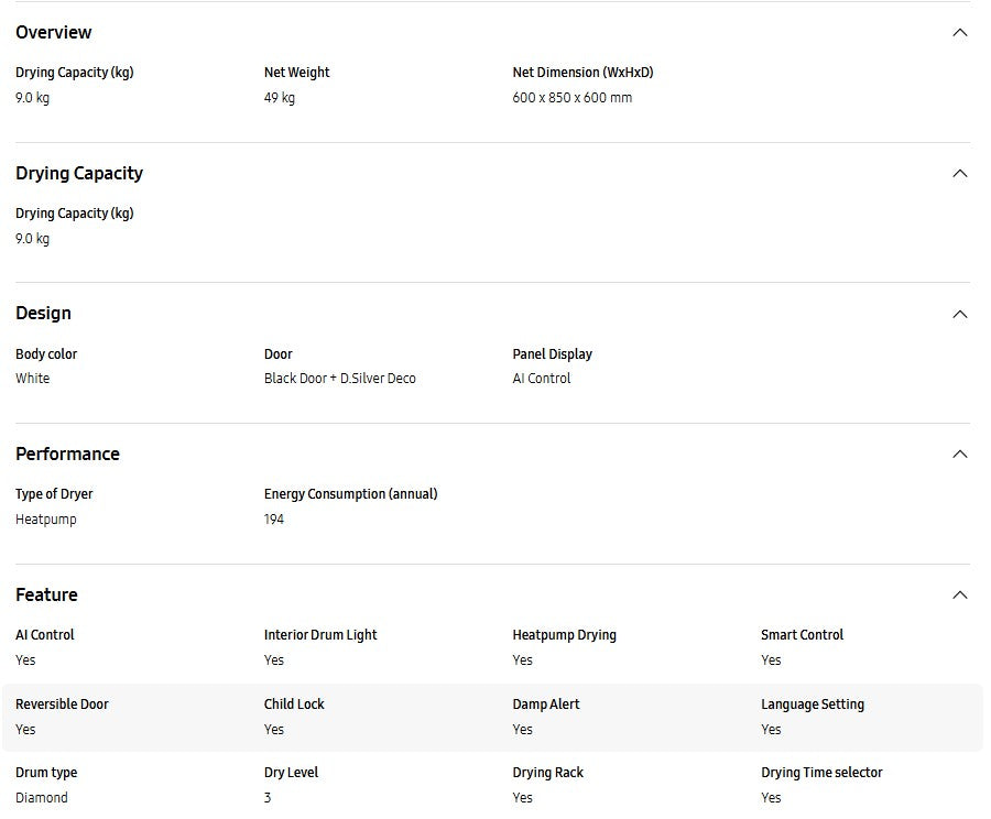 Samsung 9KG Heat Pump Dryer DV90T6240LH/FQ / DV90T6240LH